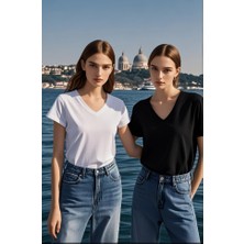 2li Siyah Beyaz Renk Kadın V Yaka T-Shirt Günlük Rahat Tişört