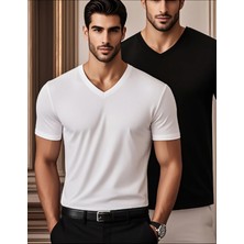 2li Siyah Beyaz Renk Erkek V Yaka T-Shirt Günlük Spor Tişört