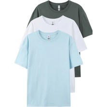 Tarz Cool Füme Beyaz Bebe Mavi  3'lü Basic Bisiklet Yaka T-Shirt