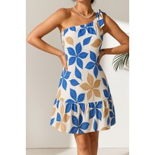 Kadın Sax Mavi-Beyaz Çiçek Desenli Tek Omuz Bağlamalı Fırfırlı Krinkıl Elbise