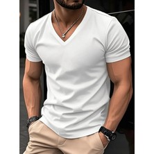 Beyaz Renk Erkek V Yaka T-Shirt Pamuklu Günlük Tişört