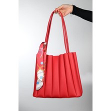 Best Brand Kadın Pileli Fularlı Makyaj Çanta Hediyeli Deri Şık Tasarım Kol ve Omuz Çantası