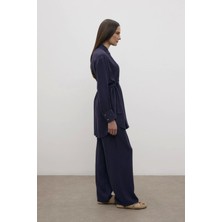 Merwish Dubai Kuşaklı Keten Takım 1354 Laçivert