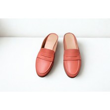 Mercan Turuncu Hakiki Deri Kadın Günlük Rahat Sabo Terlik