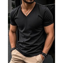 Beyaz Renk Erkek V Yaka T-Shirt Pamuklu Günlük Tişört