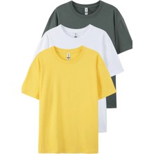 Tarz Cool Füme Beyaz Sarı  3'lü Basic Bisiklet Yaka T-Shirt