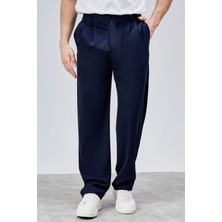 Erkek Lacivert Çift Pileli Rahat Kesim Beli Lastikli Bol Paça Baggy Pantolon ALBERT-1989