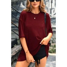 Teenage Millionaire Kadın Bordo Oversize Truvakar Kol Basic T-Shirt İnce Kumaş Düz Tasarım