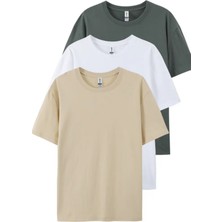 Tarz Cool Füme Beyaz Krem  3'lü Basic Bisiklet Yaka T-Shirt