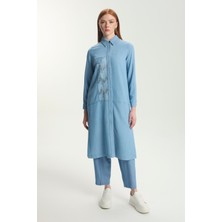 Gizli Düğme Detaylı Pullu Uzun Denim Tunik