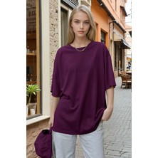 Kadın Mürdüm Basic Düz Baskısız Oversize Salas T-Shirt