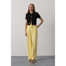 Pileli Bağcıklı Oversize Pantolon - Sarı