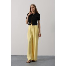 Pileli Bağcıklı Oversize Pantolon - Sarı