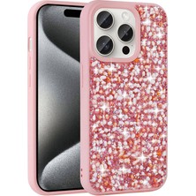 Apple iPhone 15 Pro Kılıf Parlak Taşlı Tasarım Tlzn Linea Diamond Kapak-Pembe