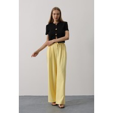 Pileli Bağcıklı Oversize Pantolon - Sarı