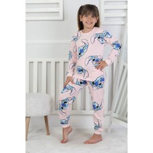 Isob Pembe Stitch Desenli %100 Pamuk Kız Çocuk Pijama Takımı 3-8 Yaş 51202-P