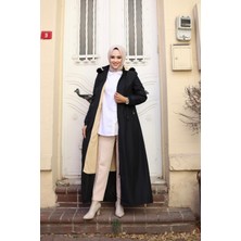 Harman Butik Kadın Siyah Fermuarlı Cepli Kapüşonlu Bondit Mont Uzun Kol Standart Kalıp Şık Tasarım