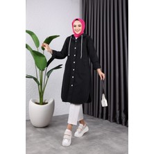 Harman Butik Kadın Kapüşonlu Uzun Kot Ceket Dokuma Kumaşla Günlük Kullanım İçin Rahat ve Şık