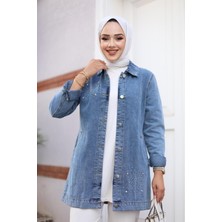 Kadın Taş Işlemeli Denim Kot Ceket
