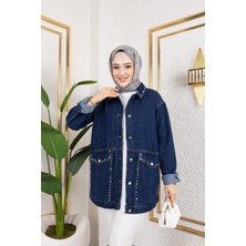 Harman Butik Kadın Denim Kot Ceket Cepli Taş İşleme Detaylı Normal Kalıp Günlük Kullanım İçin Lacivert