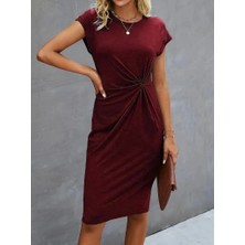 Kadın Kısa Kollu Bisiklet Yaka Yandan Büzgülü Midi Viskon Elbise