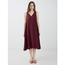 Jimmy Key Bordo V Yaka Bol Kesim Dokuma Elbise