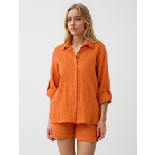 Jimmy Key Turuncu Uzun Kollu Düğme Detaylı Dokuma Gömlek