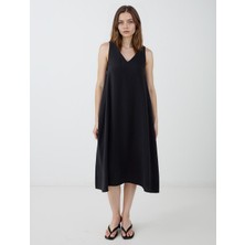 Jimmy Key Siyah V Yaka Bol Kesim Dokuma Elbise