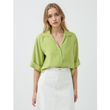 Jimmy Key Yeşil Düz Kesim Dirsek Kol Kısa Dokuma Gömlek