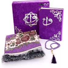 İhvan Online Kadife Kaplı Sandıklı Kişiye Özel Hediyelik Seccadeli Kuranı Kerim Seti Mor Renk