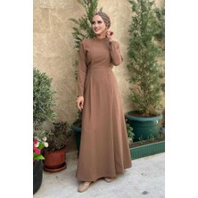 Bel Kuşaklı Kol Fermuar Detaylı Elbise 6041 Taba