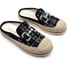 Bags Shoes Guja 24K308 Kadın Jüt Hasır Garnili Taşlı Ekose Desenli Önü Kapalı Terlik