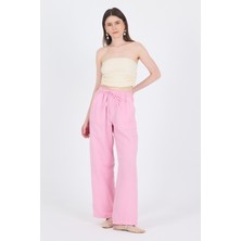 Pembe Keten Görünümlü %100 Pamuk Cepli Bol Paça Pantolon 8054A