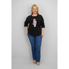 Kadın Büyük Beden Kısa Kollu Taş Detaylı Ayı Baskılı Oversize T-Shirt 1926-25