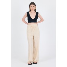 Natural Keten Görünümlü %100 Pamuk Bol Paça Pantolon 3040