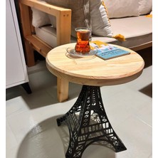 Rwl Eiffel Masif Sehpa - Çam Ahşap Üstlü, Eiffel Kule Desenli Metal Ayaklı, 48 cm Yükseklik 35 cm Çap