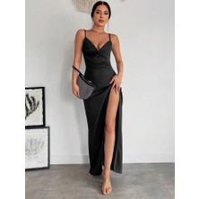 Kadın Askılı Kruvaze Yakalı Yırtmaçlı Krep Elbise