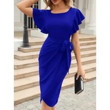 Kadın Kısa Fırfır Kollu Yakası Açık Belden Kuşaklı Çapraz Kesim Detaylı Ithal Krep Elbise