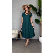 Kadın Kısa Kollu V Yaka Salaş Maxi Boy Elbise