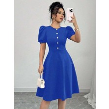 Kadın Kısa Kollu Bisiklet Yaka Önden Düğmeli Ithal Krep Elbise