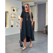 Kadın Kısa Kollu Bisiklet Yaka Asimetrik Kesim Ön Viskon Arkası Trikoton Elbise