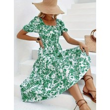 Kadın Kısa Kollu Kare Yakalı Lastikli Desenli Süprem Elbise