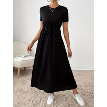 Kadın Kısa Kollu Bisiklet Yaka Belden Bağcıklı Cepli Viskon Elbise