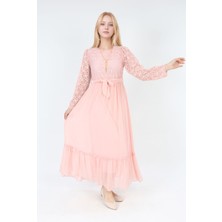 Kız Çocuk Güpür Desenli Pamuk Astarlı Tesettüre Uygun Uzun ELBISE-ABY-2016