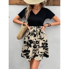 Kadın Kısa Kollu V Yakalı Belden Kuşaklı Çiçek Desenli Üst Viskon Alt Süprem Elbise