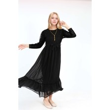 Kız Çocuk Siyah Güpür Desenli Pamuk Astarlı Tesettüre Uygun Uzun ELBISE-ABY-2016