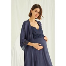 Monamise Kadın Lacivert Ayarlanabilir Askılı Emzirme Özellikli Dantelli Hamile Lohusa Sabahlıklı Gecelik Takım