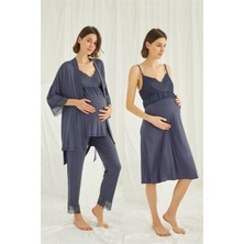 Monamise 18432453 Kadın Lacivert Hamile Lohusa Seti Sabahlık Gecelik Pijama Takım
