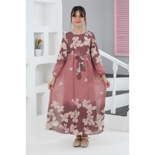 Kız Çocuk Astarlı Tam Boy Çiçek Desenli Iç Göstermeyen Şık ve Rahat Uzun Tesettür ELBISE-ELB-2040