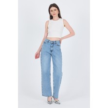 Buzkar Yanları Inci Işlemeli Yüksek Bel Straight Jean Pantolon 3312
